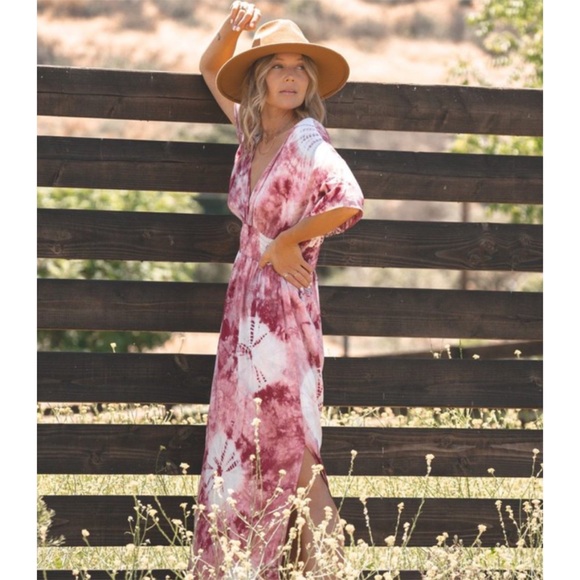 SOLD OUT Wine Kimono Tie Dye Boho Maxi Dress - Picture 6 of 7